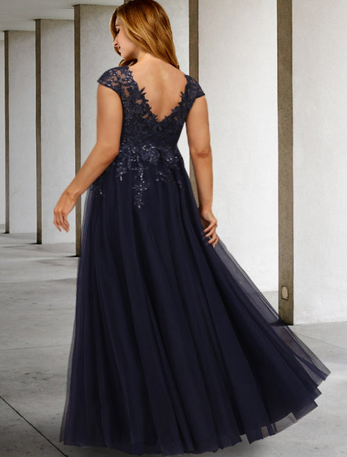 A-Line V-Neck Tulle Short Sleeve Applique Floor-Length Formal Dress - Chloe Dress