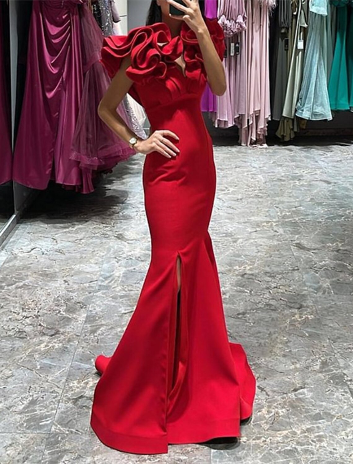 Mermaid V-Neck Satin Sleeveless High Slit Evening Gown - Chloe Dress