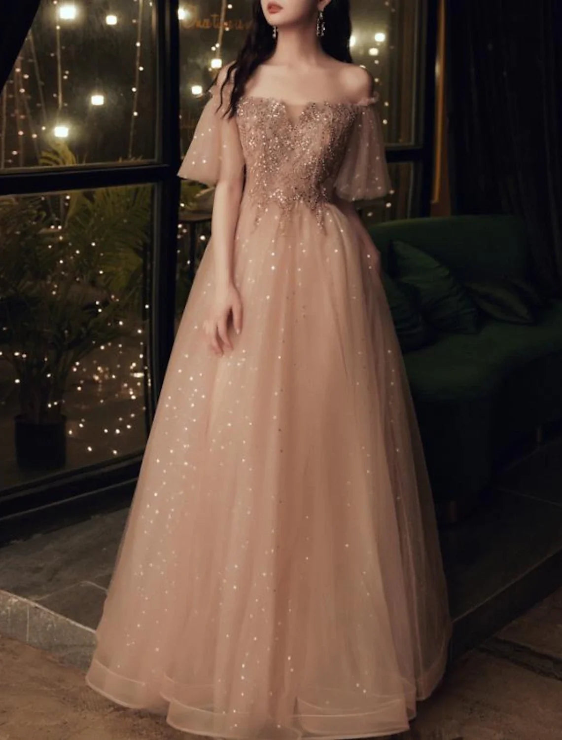 A-Line Tulle Short Sleeve Pleated Floor-Length Evening Dress - Chloe Dress