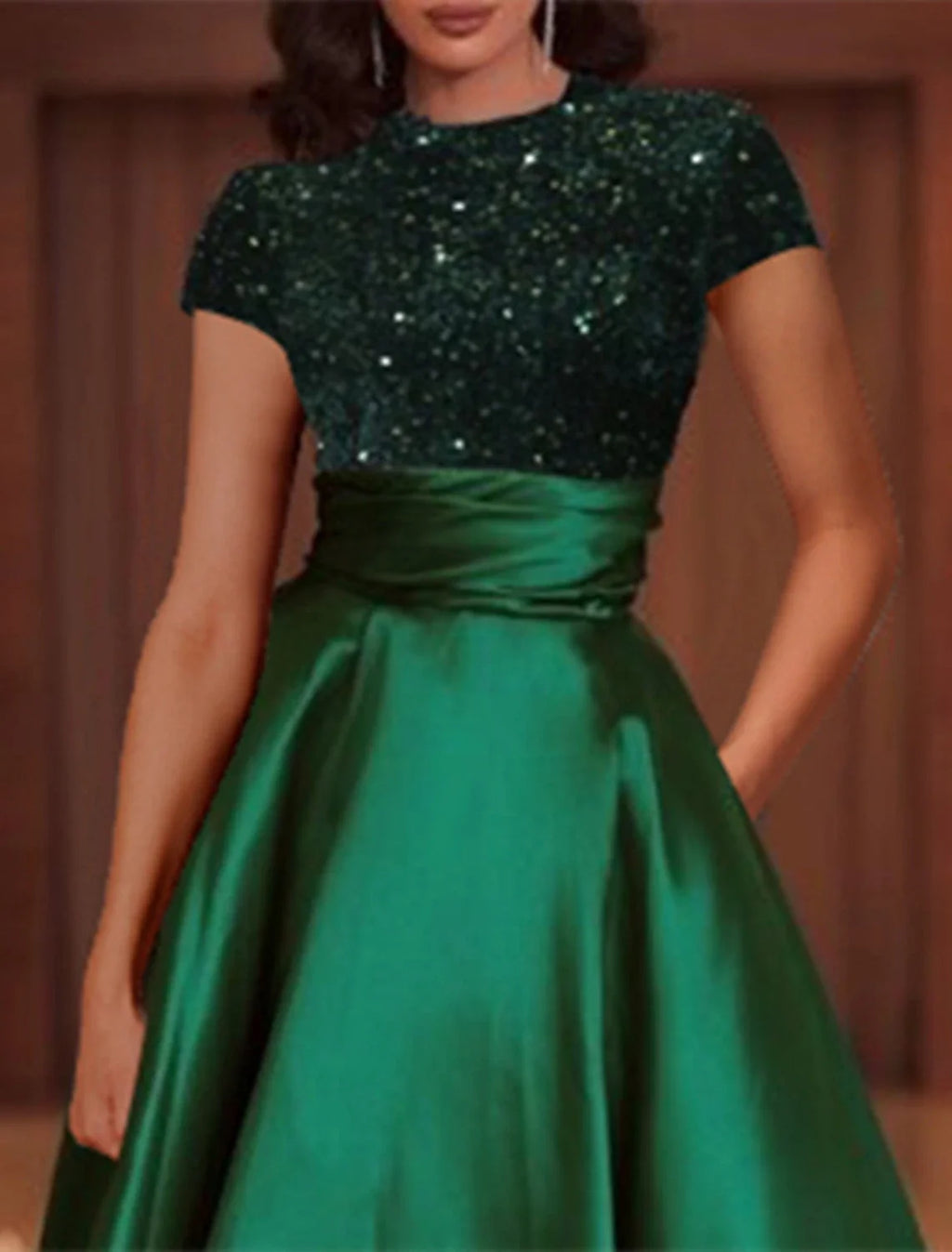 Green A-Line High Neck Satin Short Sleeve Floor-Length Evening Gown - Chloe Dress