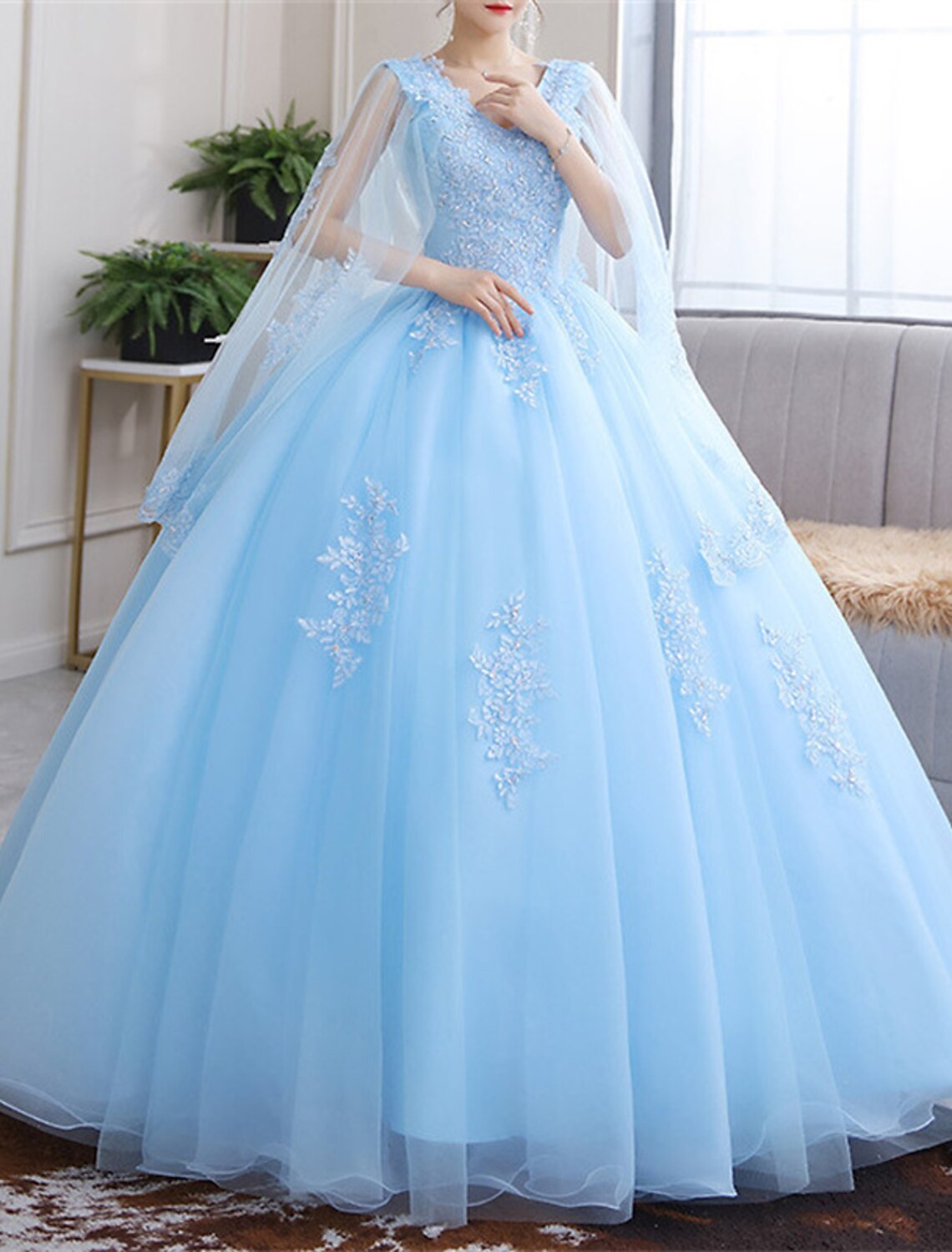 Ball Gown V-Neck Lace Long Sleeve Applique Floor-Length Wedding Gown - Chloe Dress