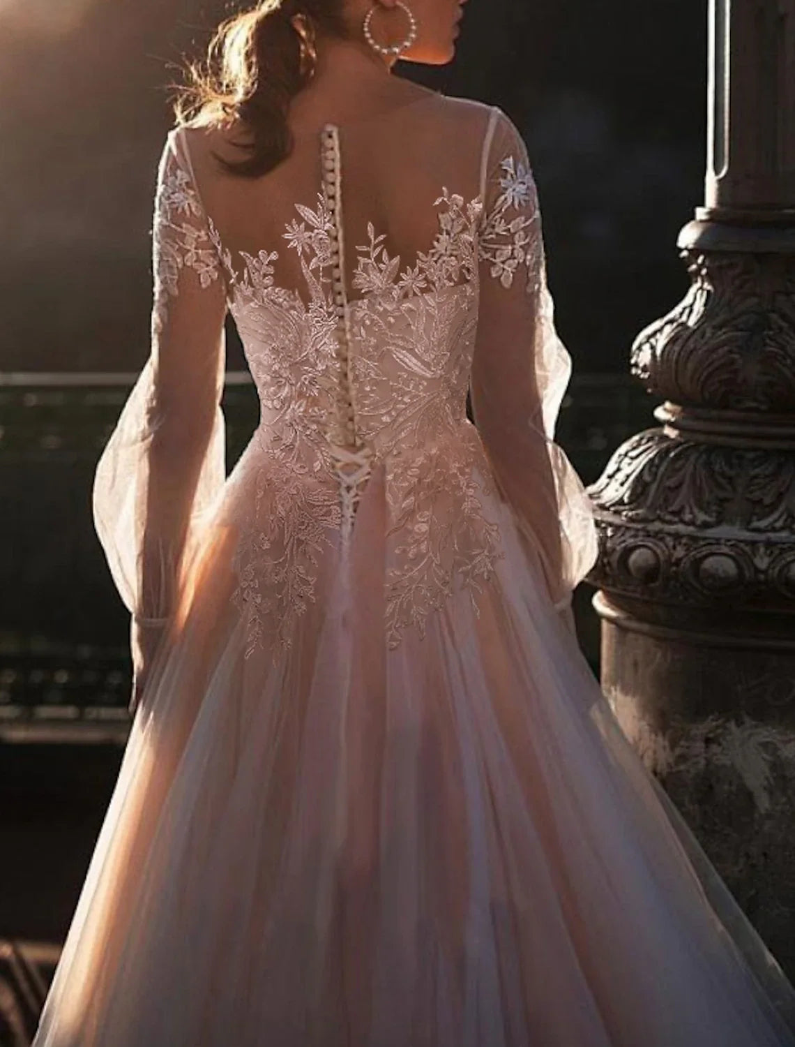 A-Line Illusion Lace Long Sleeve Train Wedding Gown - Chloe Dress