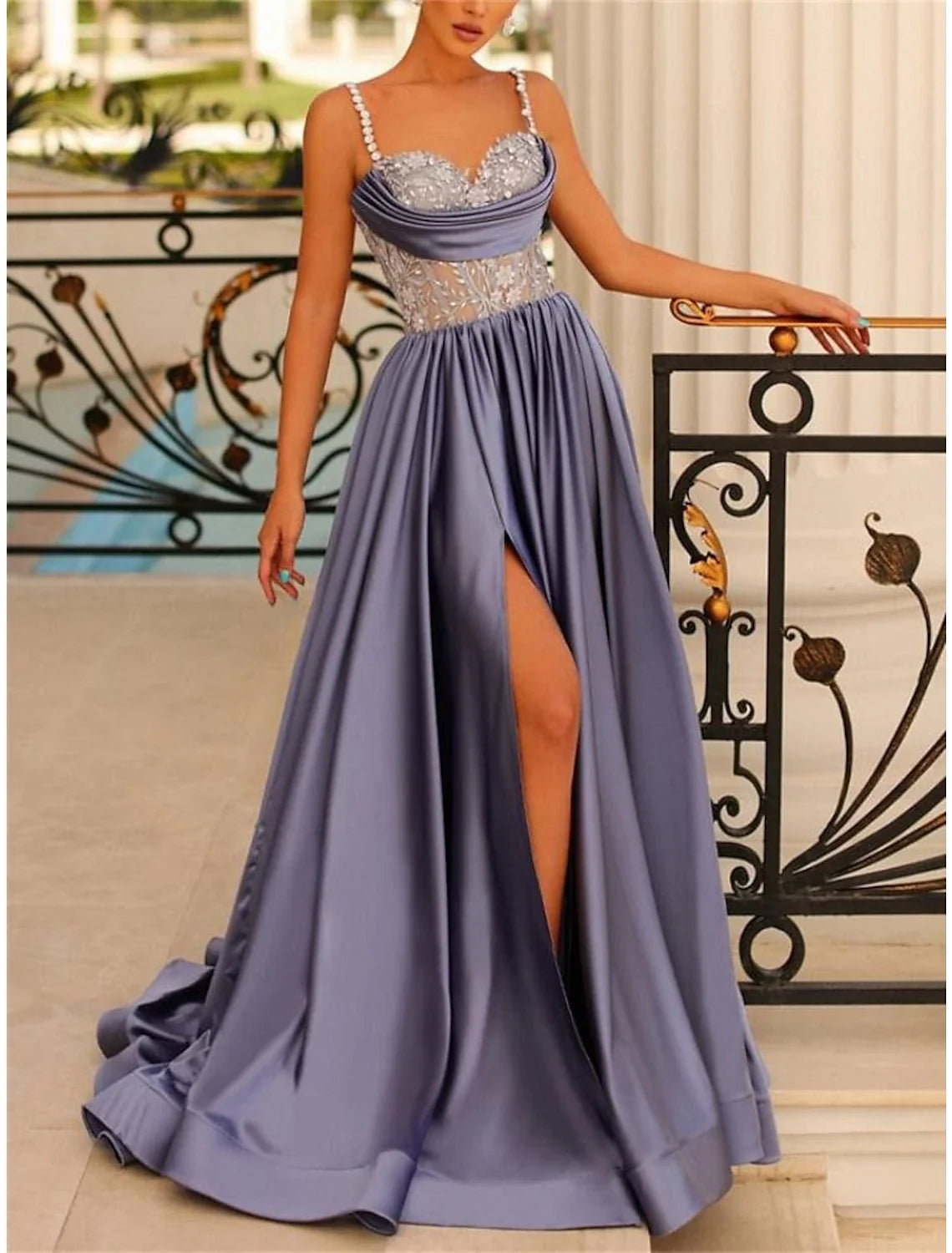 A-Line Spaghetti Strap Satin Sleeveless Backless High Slit Evening Gown - Chloe Dress