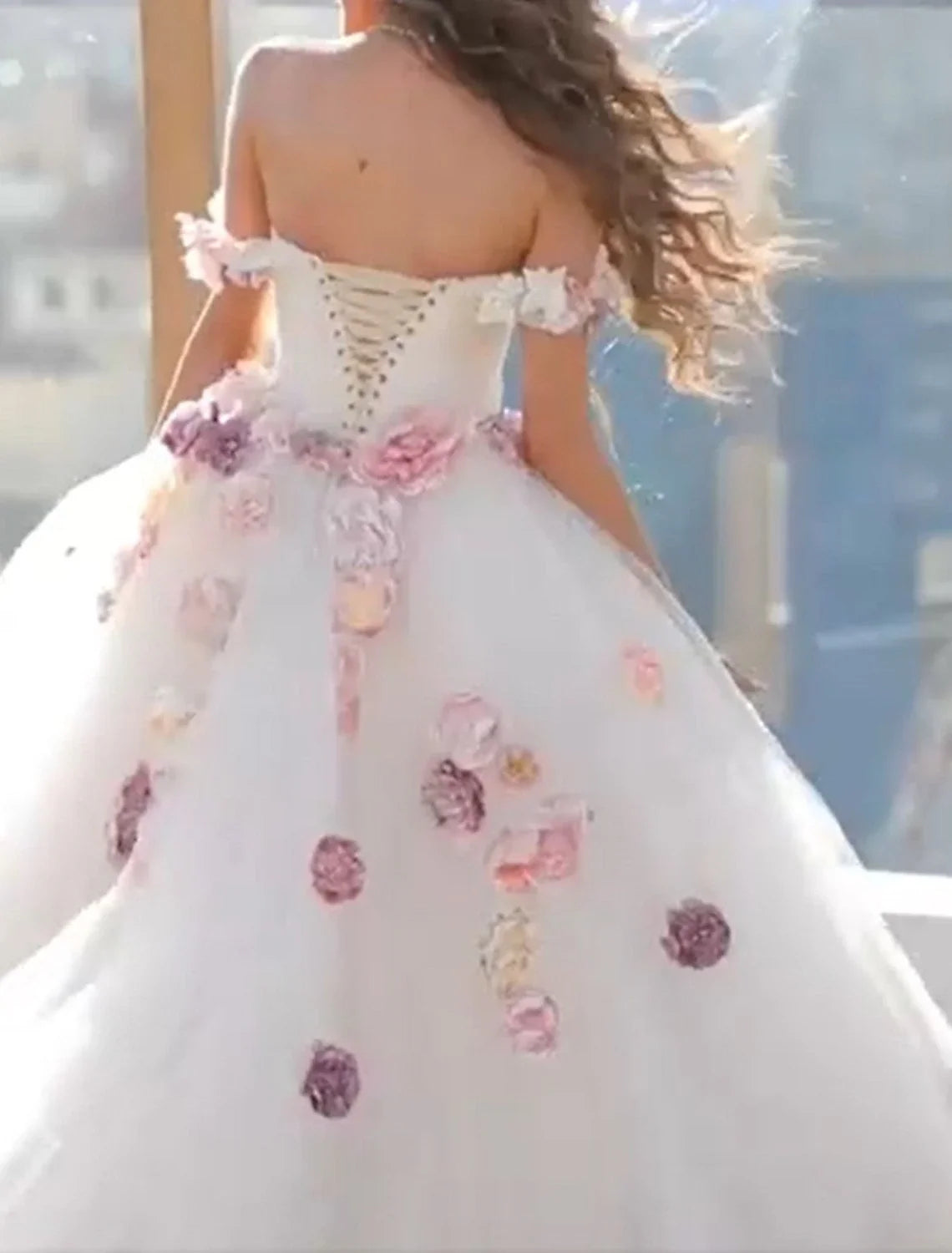 Ball Gown Off-Shoulder Satin Cap Sleeve Train Wedding Gown - Chloe Dress