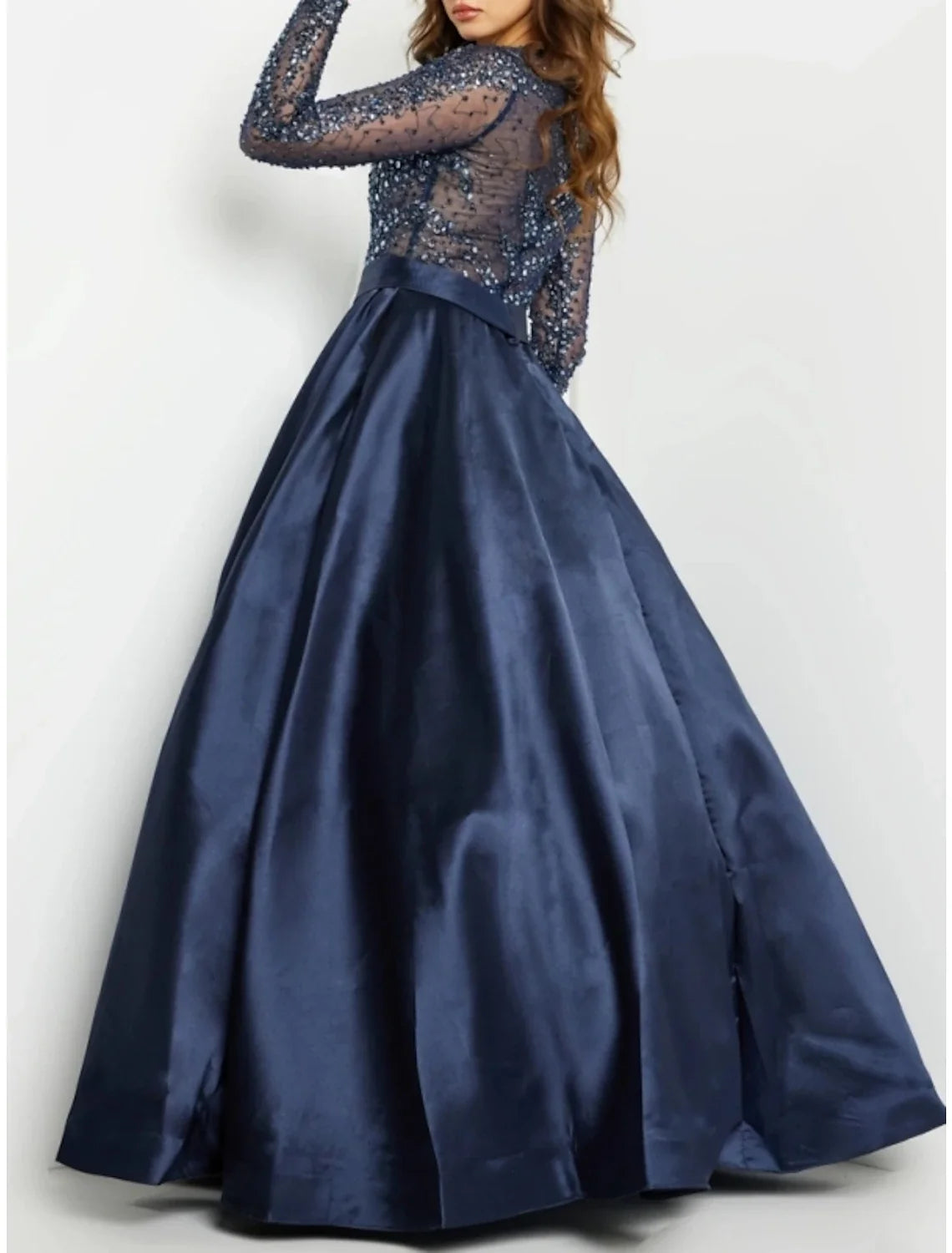 A-Line Sequin Long Sleeve Pleated Floor-Length Evening Gown - Chloe Dress
