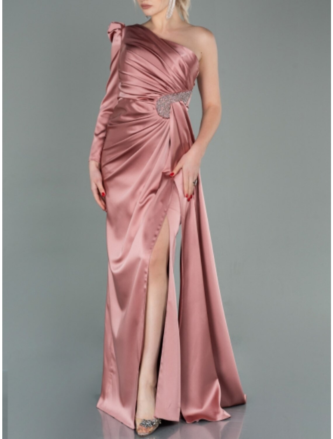 A-Line One-Shoulder Satin Long Sleeve High Slit Evening Gown - Chloe Dress