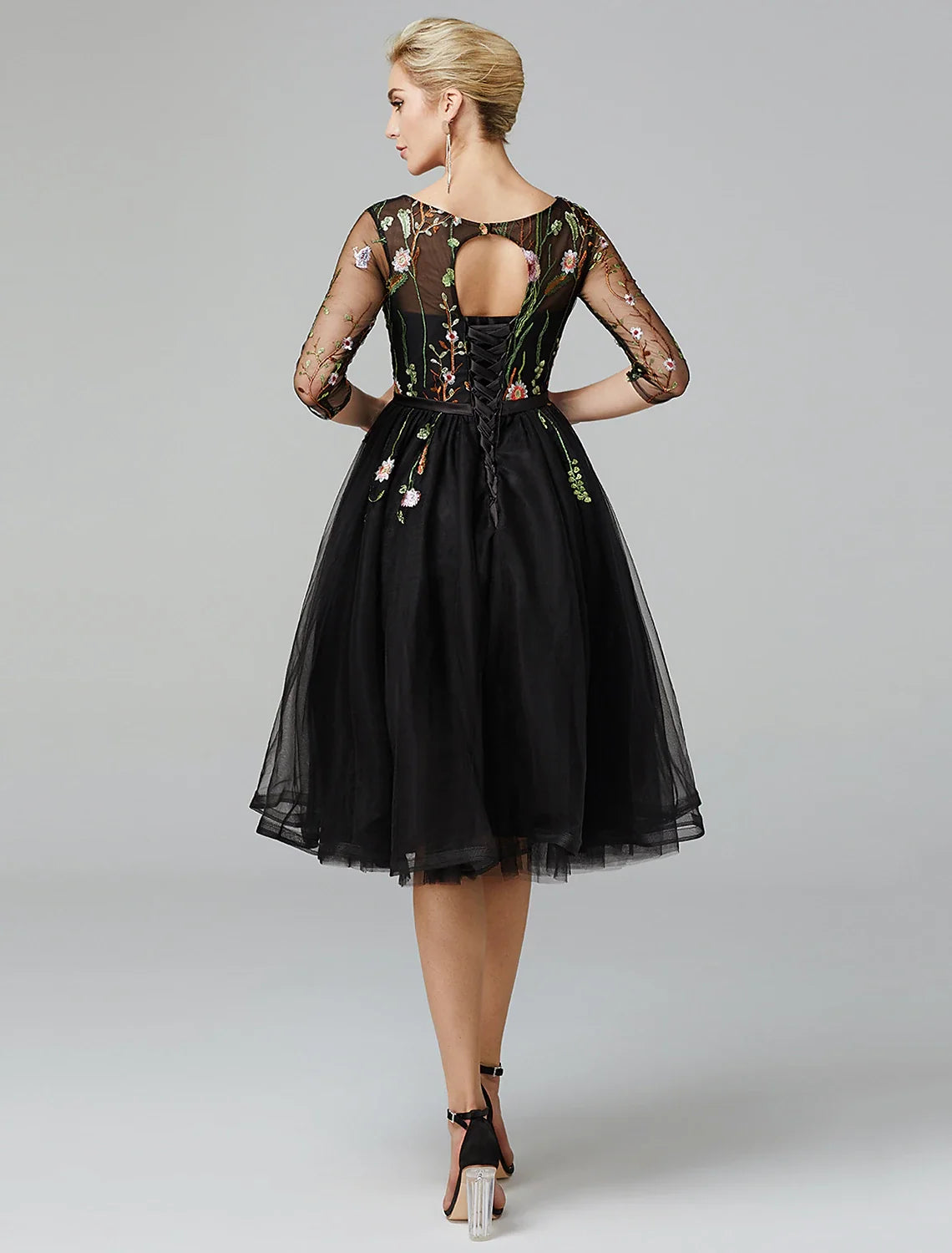 Black A-Line Illusion Tulle Long Sleeve Applique Knee-Length Wedding Dress - Chloe Dress