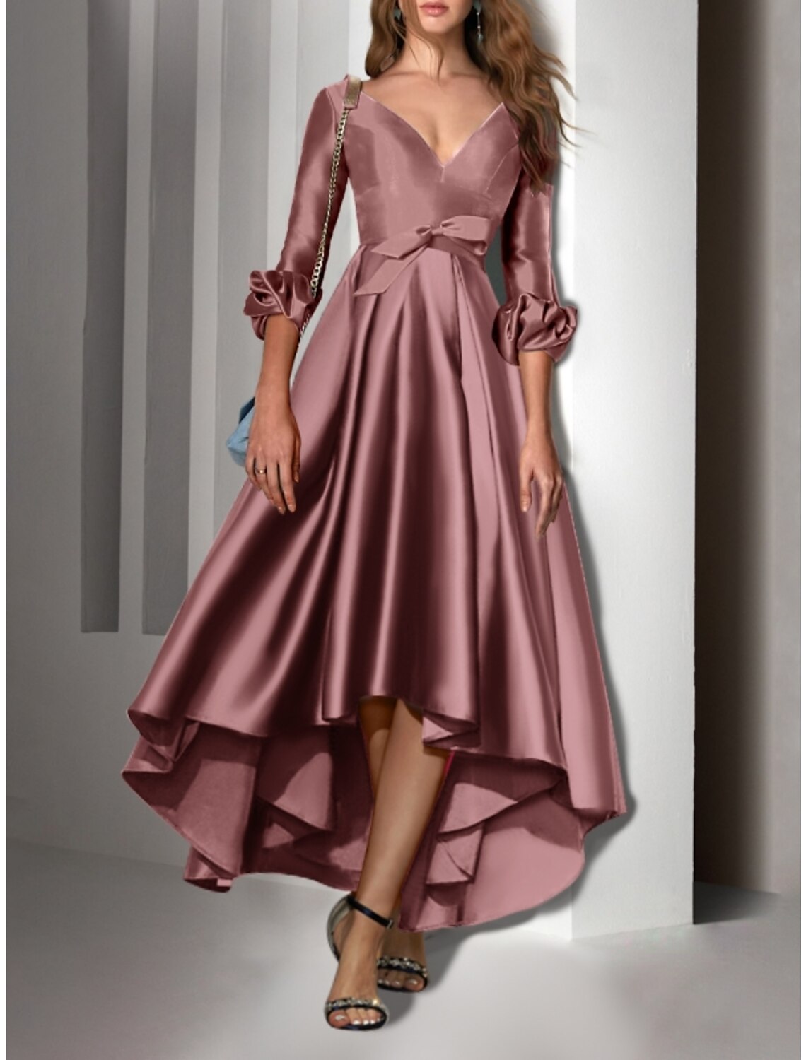 A-Line V-Neck Satin Three-Quarter Sleeve Pleated Wedding Dress - Chloe Dress