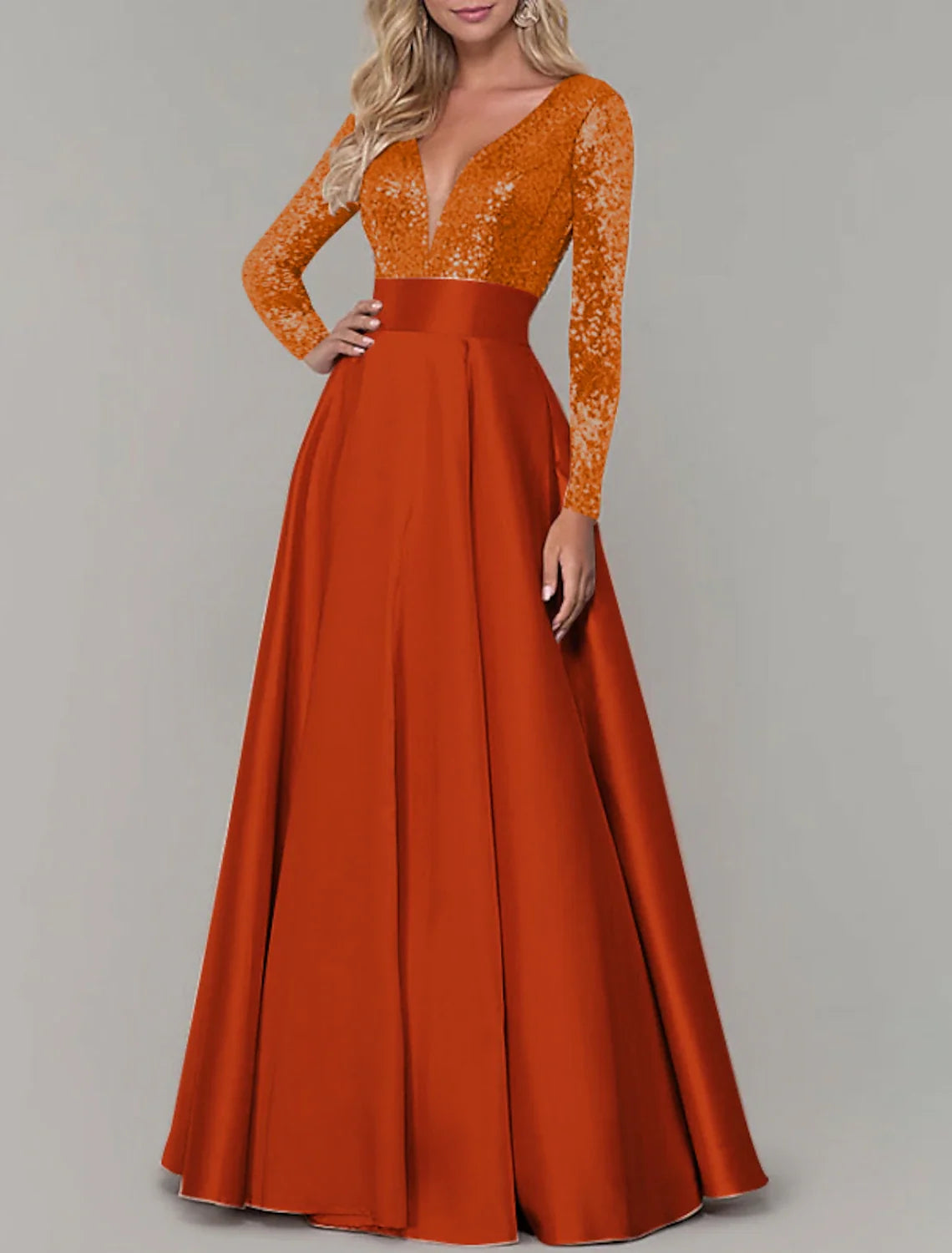 A-Line V-Neck Satin Long Sleeve Pleated Floor-Length Evening Gown - Chloe Dress