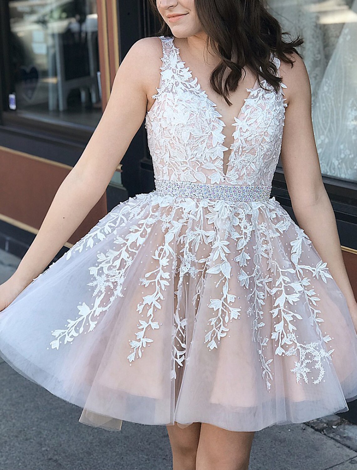 A-Line V-Neck Tulle Sleeveless Applique Mini Cocktail Dress - Chloe Dress