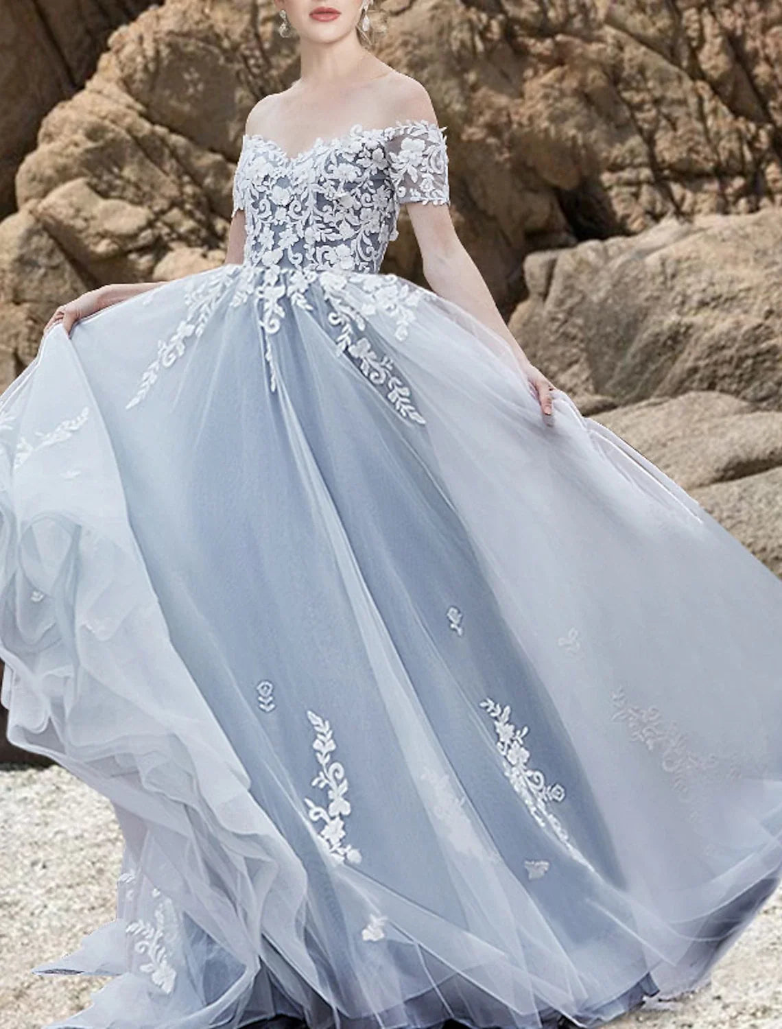 A-Line Off-Shoulder Lace Short Sleeve Train Mini Wedding Gown - Chloe Dress