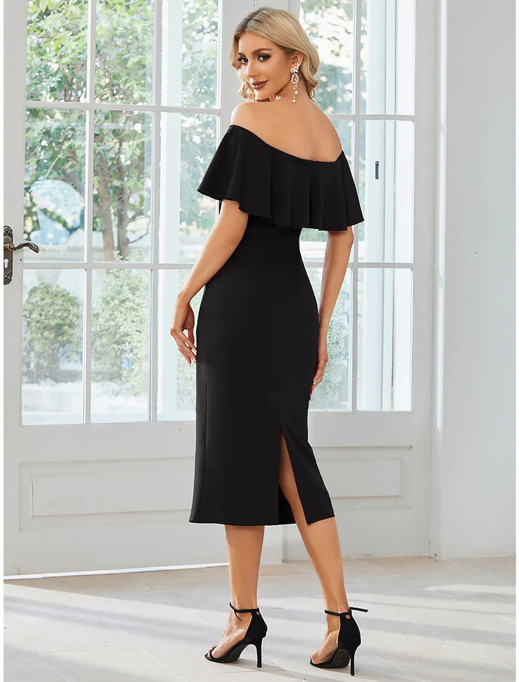 Sheath Off-Shoulder Short Sleeve High Slit Mini Wedding Dress - Chloe Dress