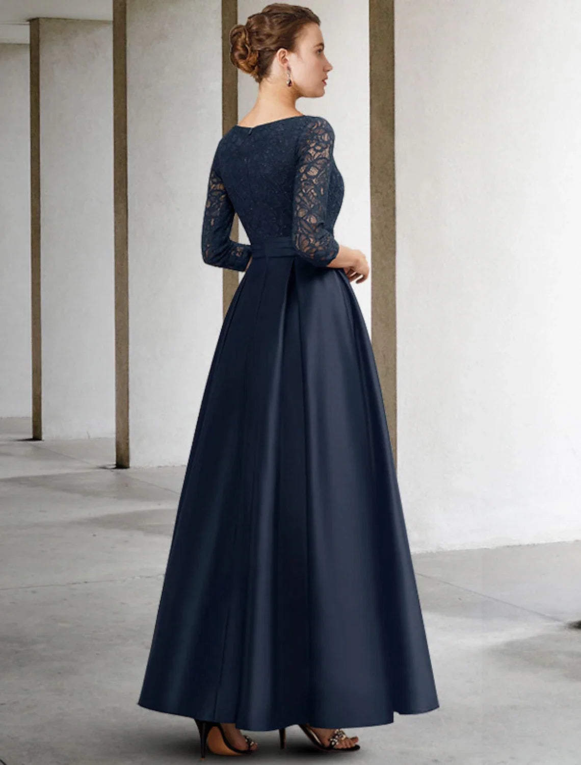 A-Line V-Neck Satin Three-Quarter Sleeve Pleated Ankle-Length Dress - Chloe Dress