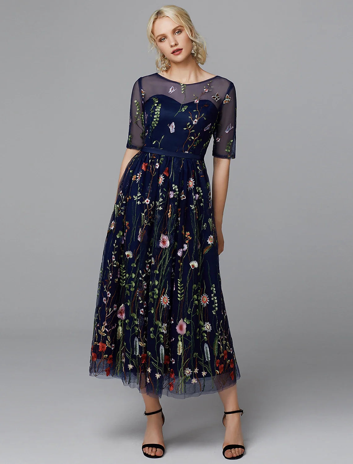 A-Line Illusion Lace Applique Tea-Length Wedding Dress - Chloe Dress