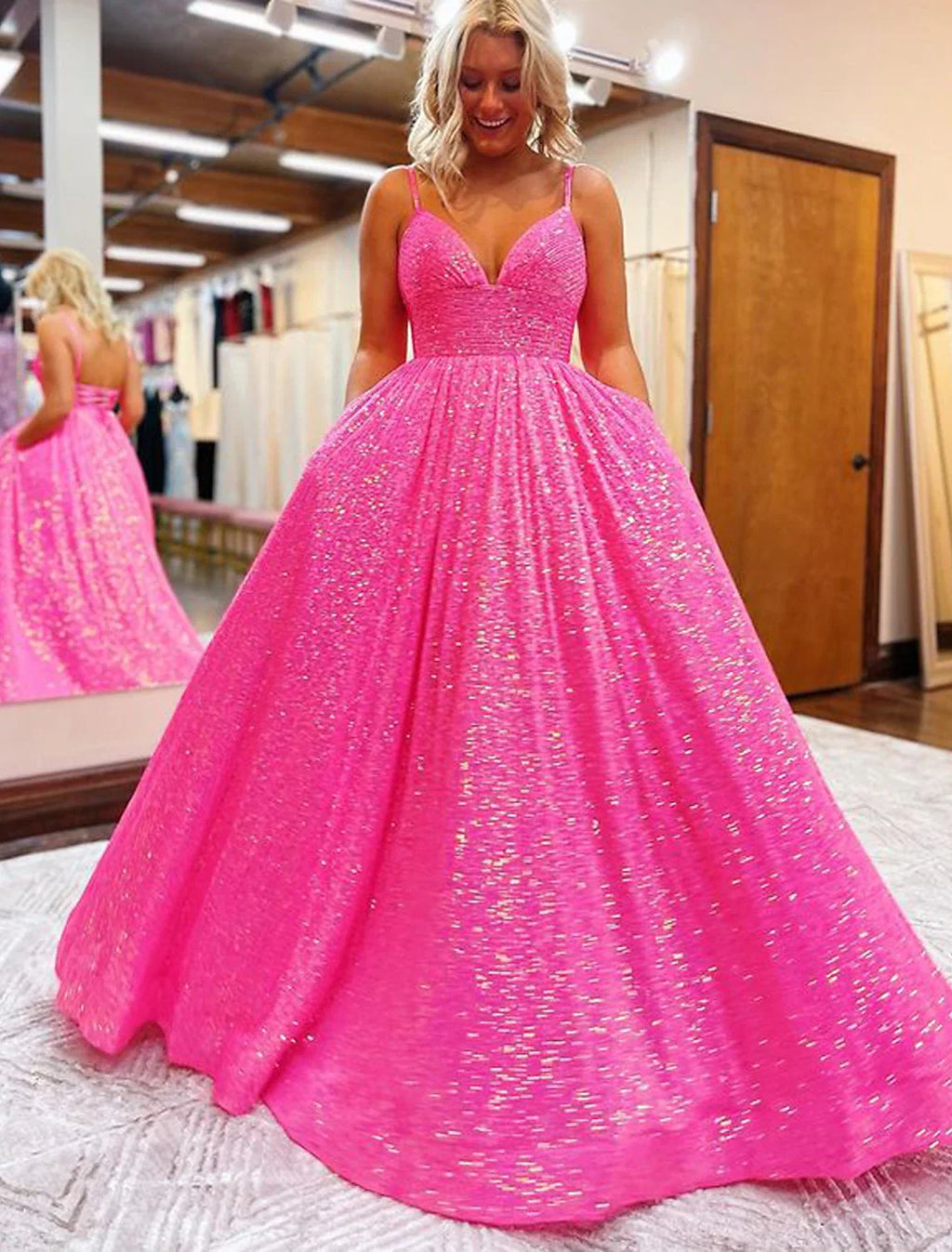 A-Line V-Neck Sequin Sleeveless Backless Pleated Prom Dress - Chloe Dress