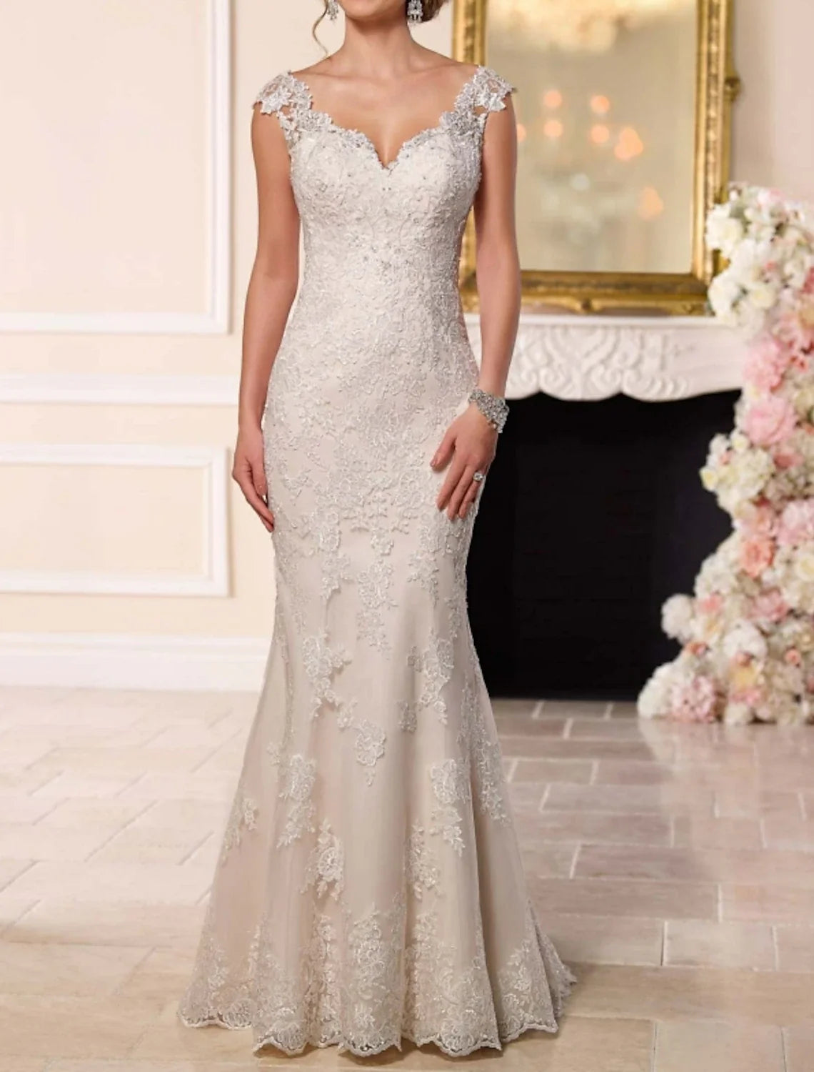 Mermaid V-Neck Lace Cap Sleeve Button Back Train Wedding Gown - Chloe Dress