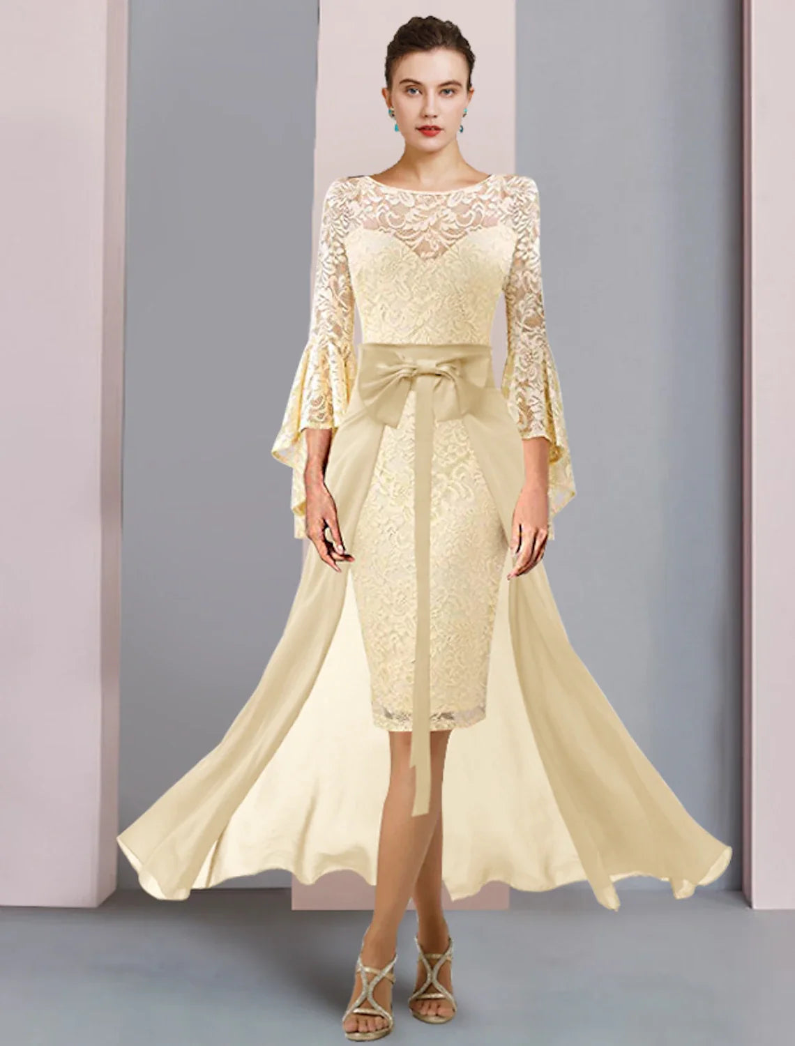 Sheath Chiffon Three-Quarter Sleeve Knee-Length Wedding Dress - Chloe Dress