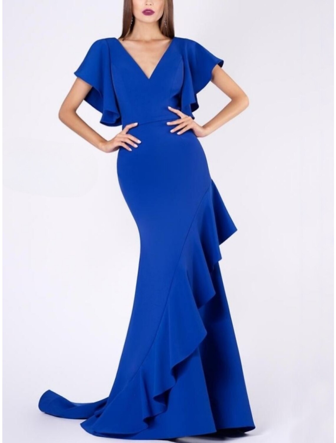 Mermaid V-Neck Short Sleeve Ruffled Mini Evening Gown - Chloe Dress