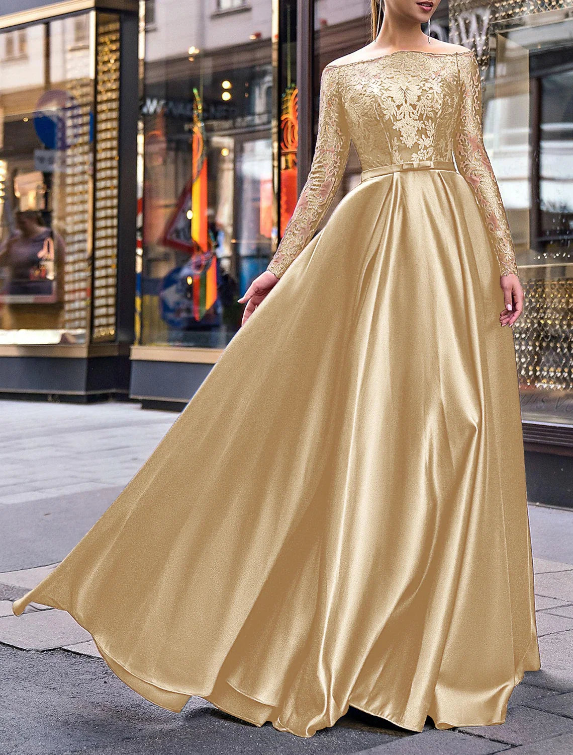 Green A-Line Off-Shoulder Satin Long Sleeve Applique Floor-Length Evening Gown - Chloe Dress