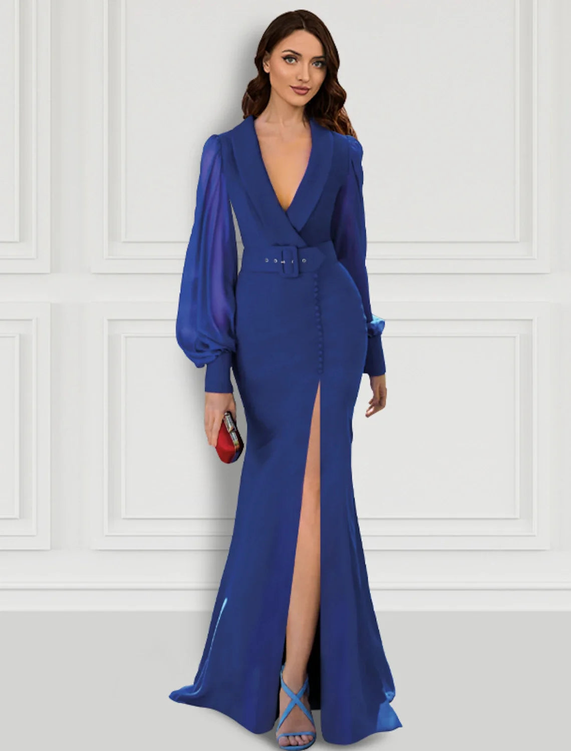 Mermaid V-Neck Long Sleeve Button Back High Slit Evening Gown - Chloe Dress