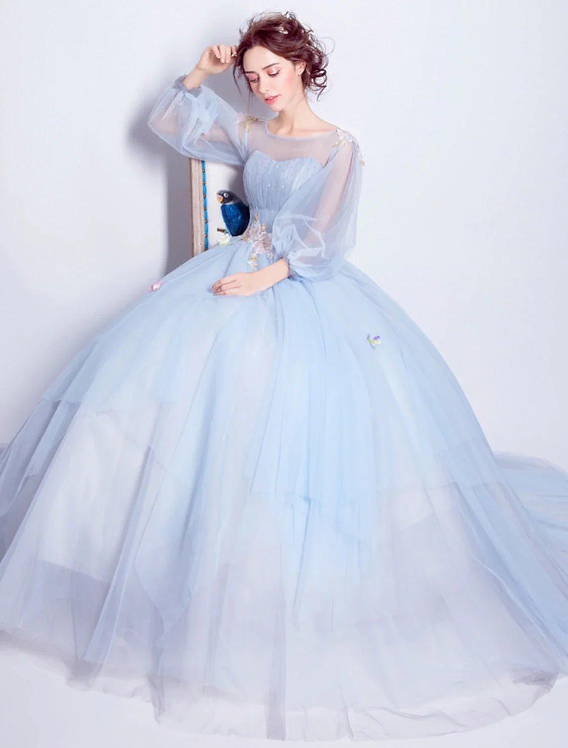 Ball Gown Illusion Tulle Three-Quarter Sleeve Pleated Floor-Length Gown - Chloe Dress