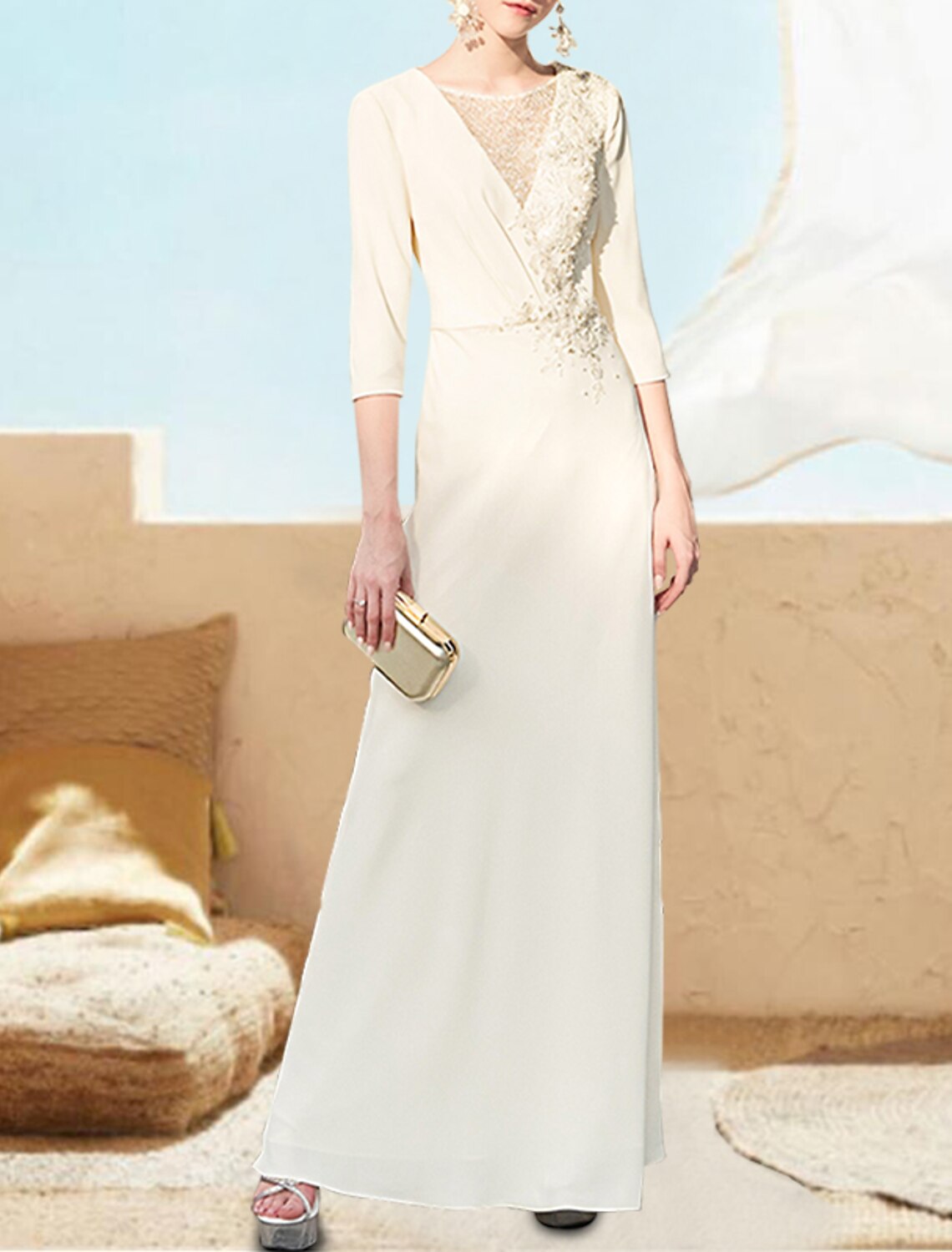 A-Line V-Neck Chiffon Three-Quarter Sleeve Applique Floor-Length Evening Gown - Chloe Dress