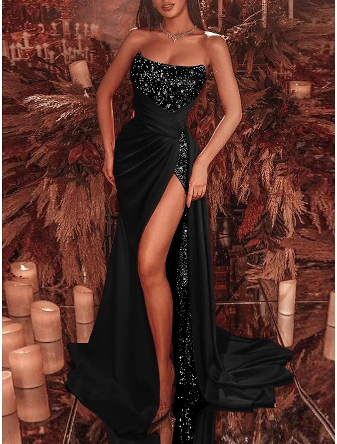 Black Sheath Strapless Sequin Sleeveless High Slit Evening Gown - Chloe Dress