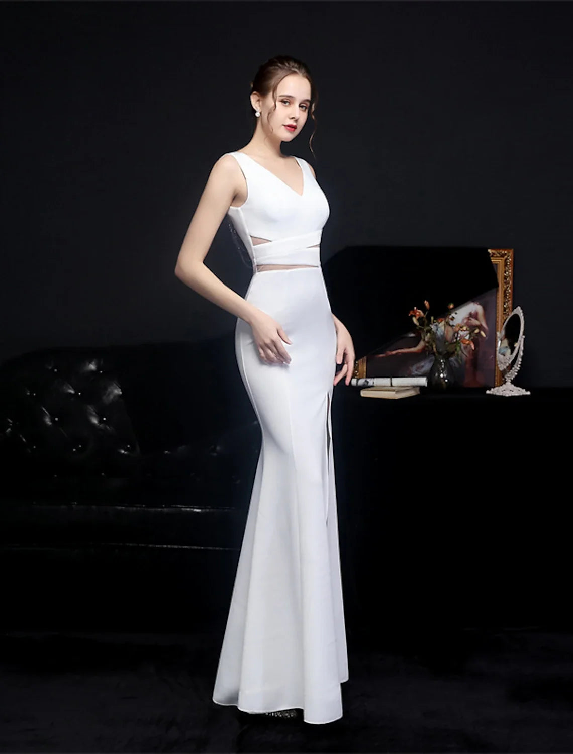 Mermaid V-Neck Polyester Sleeveless High Slit Floor-Length Prom Dress - Chloe Dress