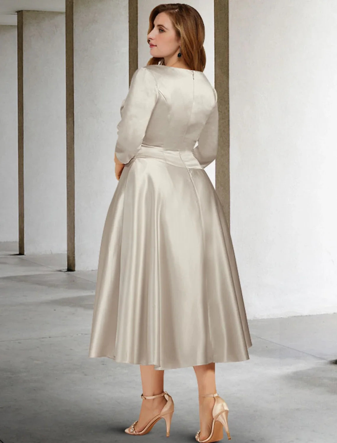 A-Line V-Neck Satin Sleeveless Tea-Length Formal Dress - Chloe Dress