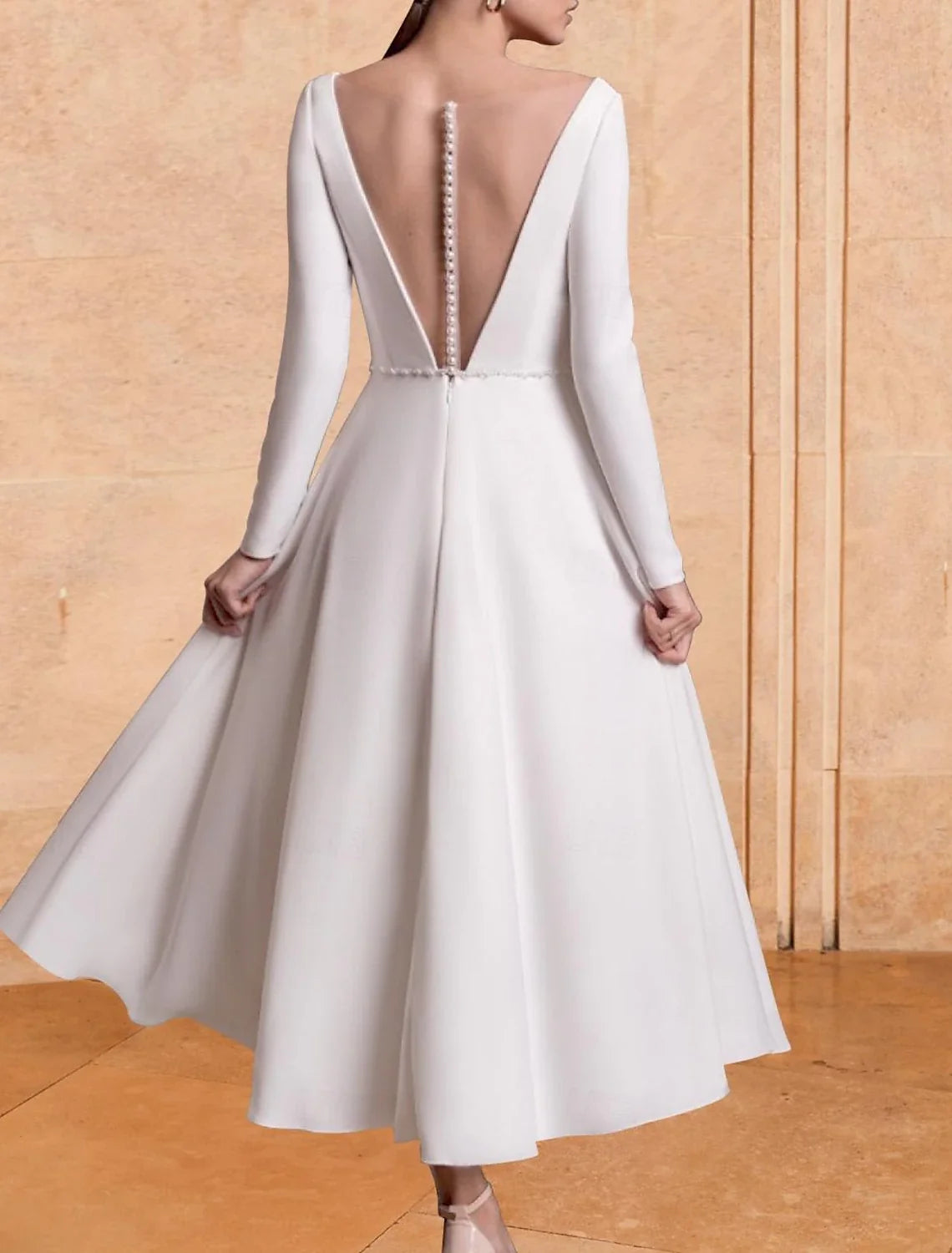 White A-Line V-Neck Chiffon Long Sleeve Pleated Tea-Length Wedding Gown - Chloe Dress