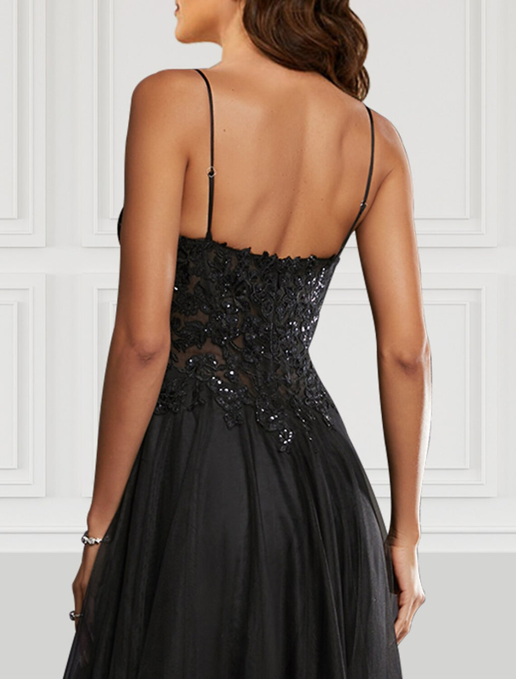 Black A-Line Spaghetti Strap Tulle Sleeveless High Slit Floor-Length Prom Dress - Chloe Dress