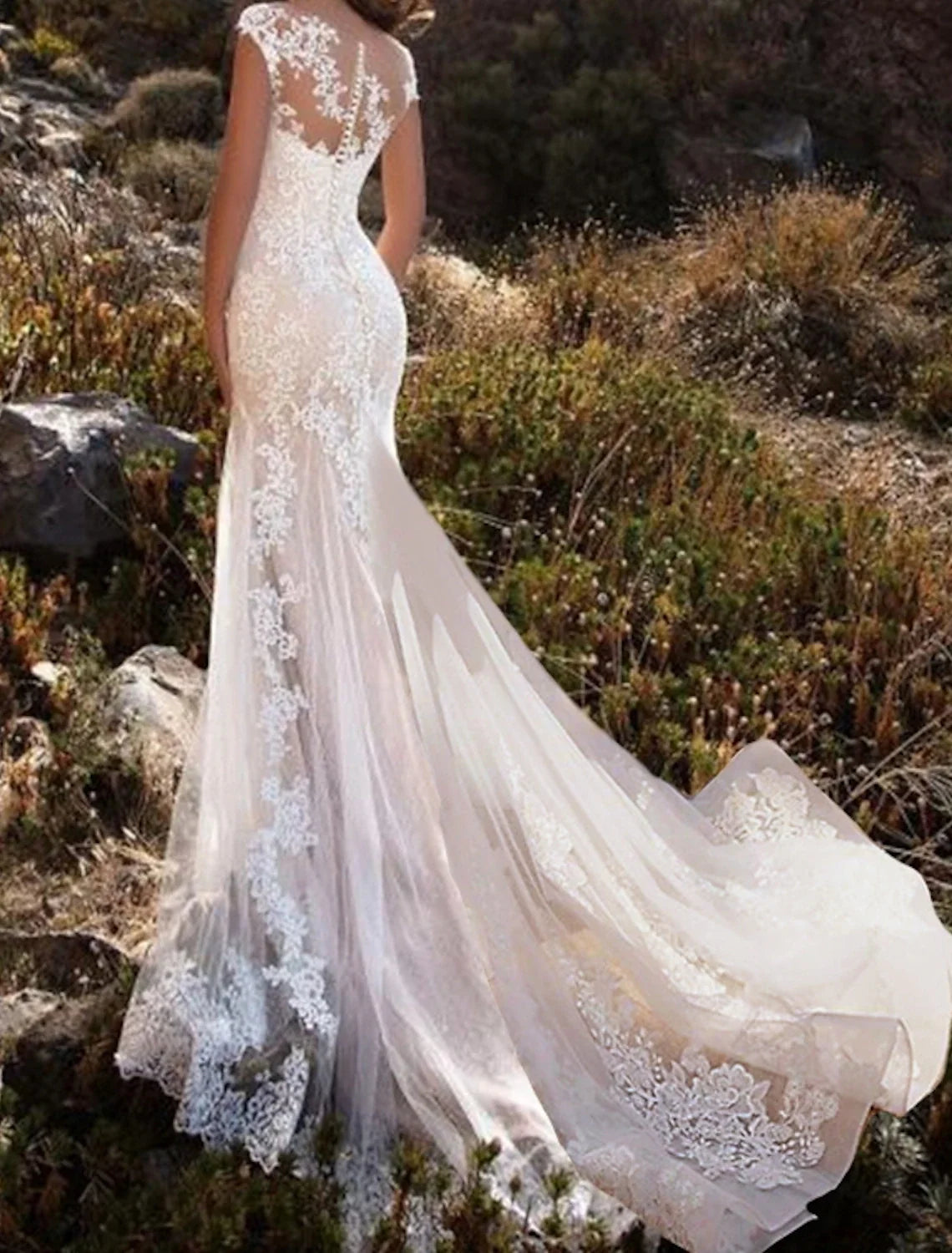 Mermaid Illusion Lace Cap Sleeve Train Wedding Gown - Chloe Dress