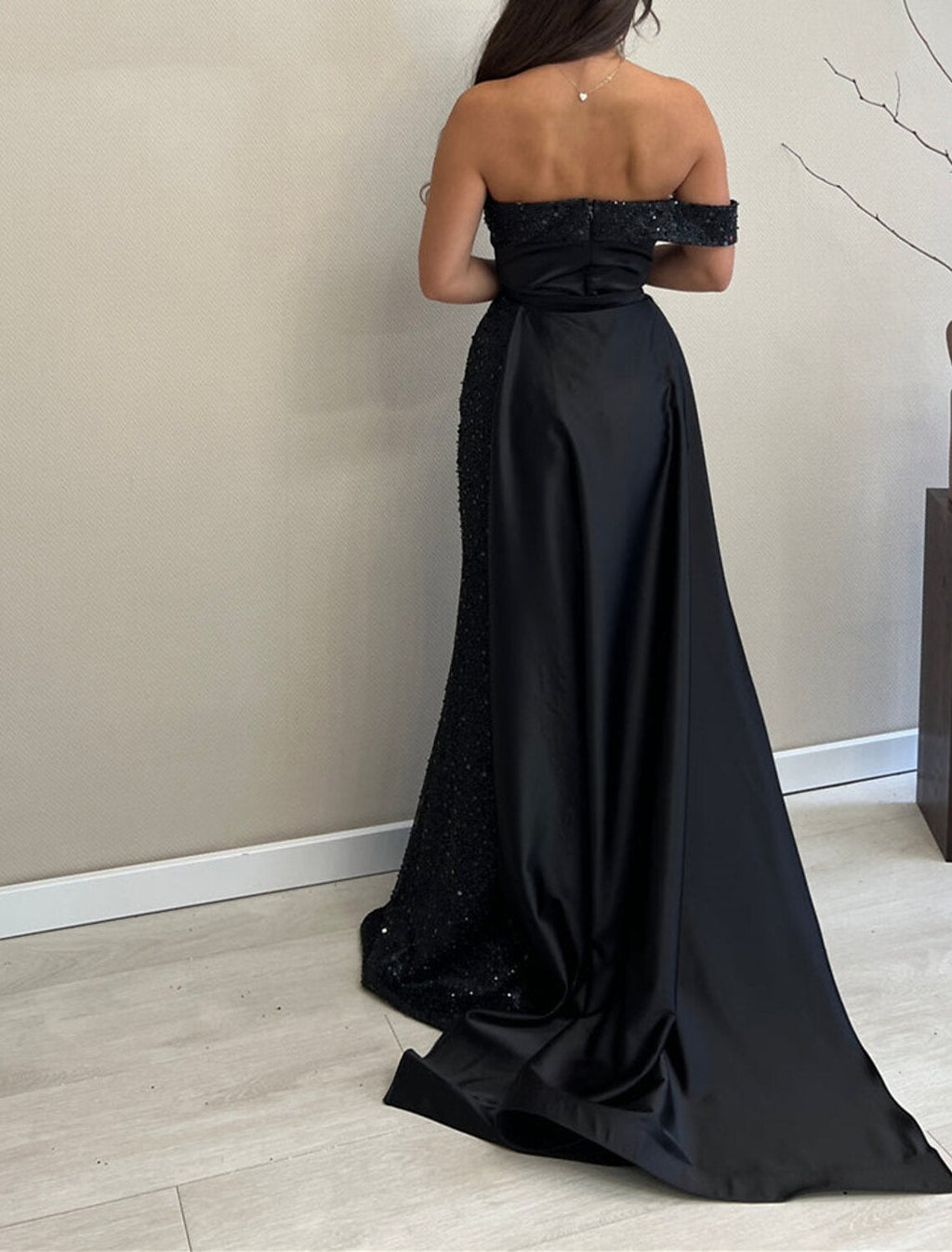 Black Mermaid Strapless Satin Sleeveless Train Evening Gown - Chloe Dress