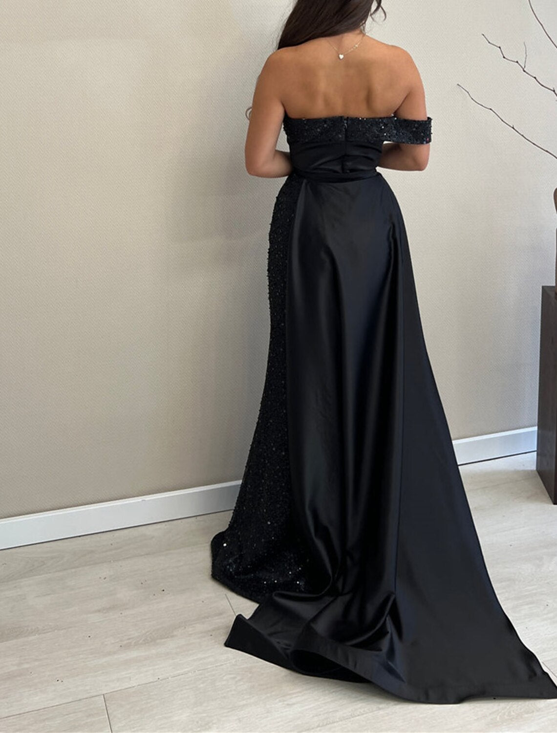 Black Mermaid Strapless Satin Sleeveless Train Evening Gown - Chloe Dress