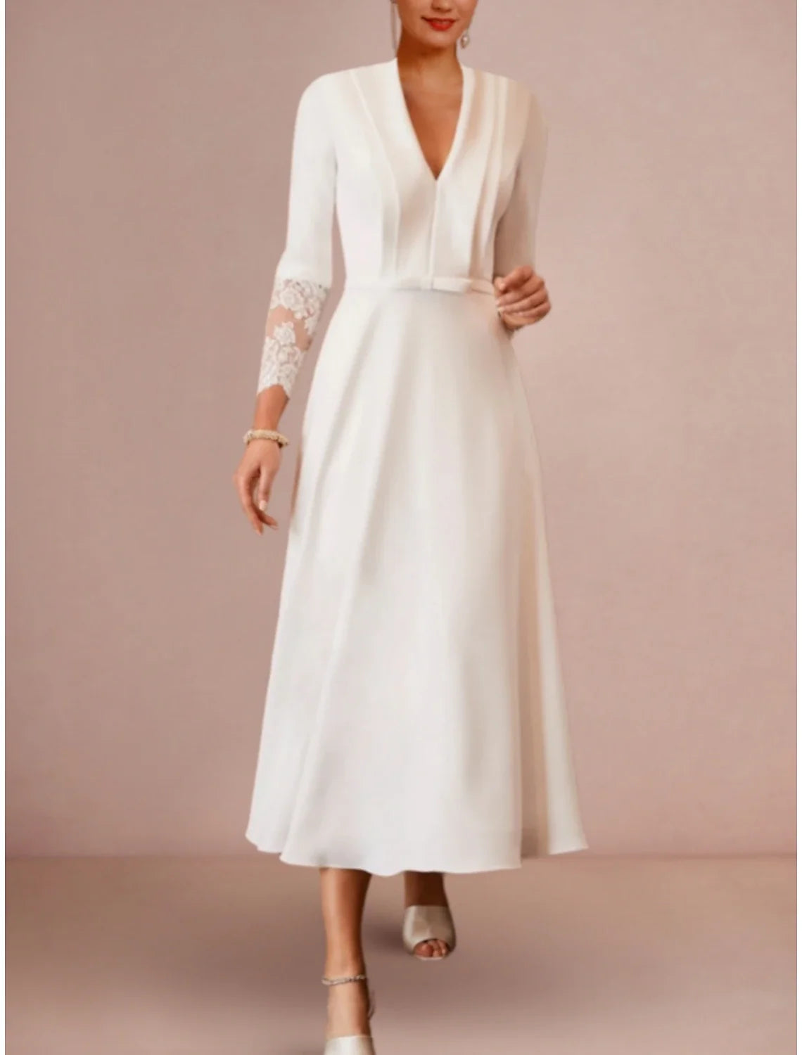 White A-Line V-Neck Long Sleeve Tea-Length Wedding Gown - Chloe Dress