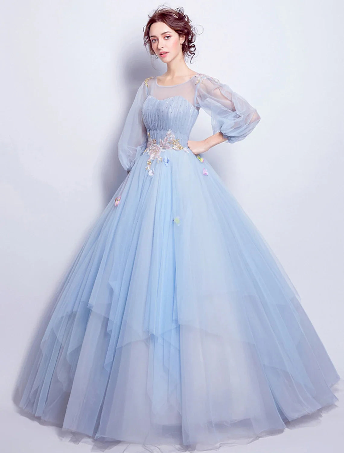 Ball Gown Illusion Tulle Three-Quarter Sleeve Pleated Floor-Length Gown - Chloe Dress