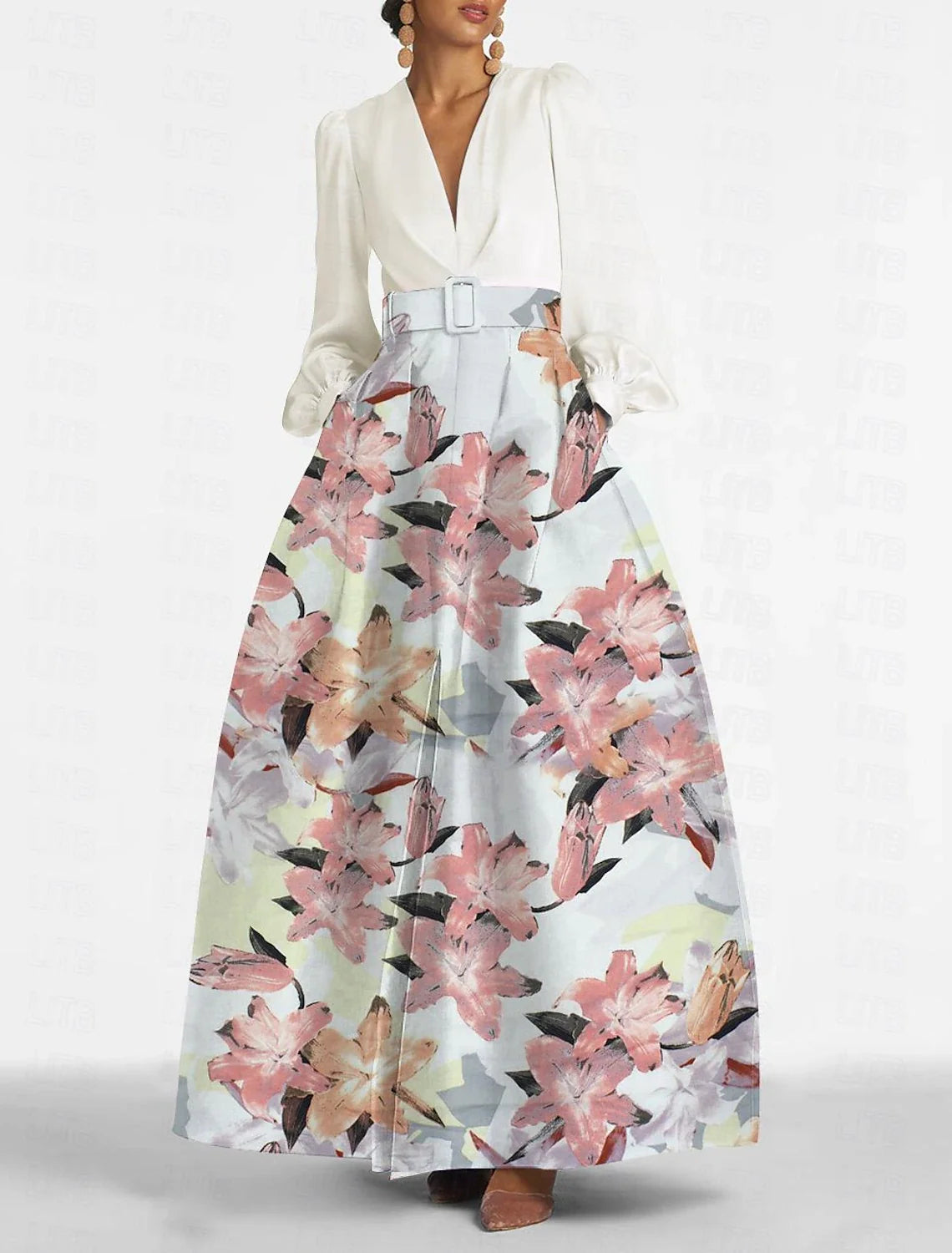 A-Line V-Neck Satin Long Sleeve High Slit Floor-Length Evening Gown - Chloe Dress
