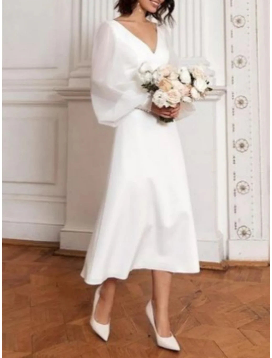 White A-Line V-Neck Satin Long Sleeve Pleated Tea-Length Wedding Gown - Chloe Dress
