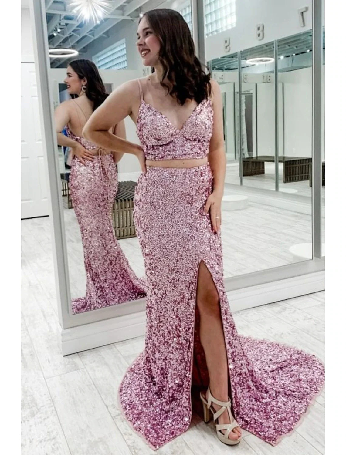 Mermaid Spaghetti Strap Sequin Sleeveless Backless High Slit Prom Gown - Chloe Dress