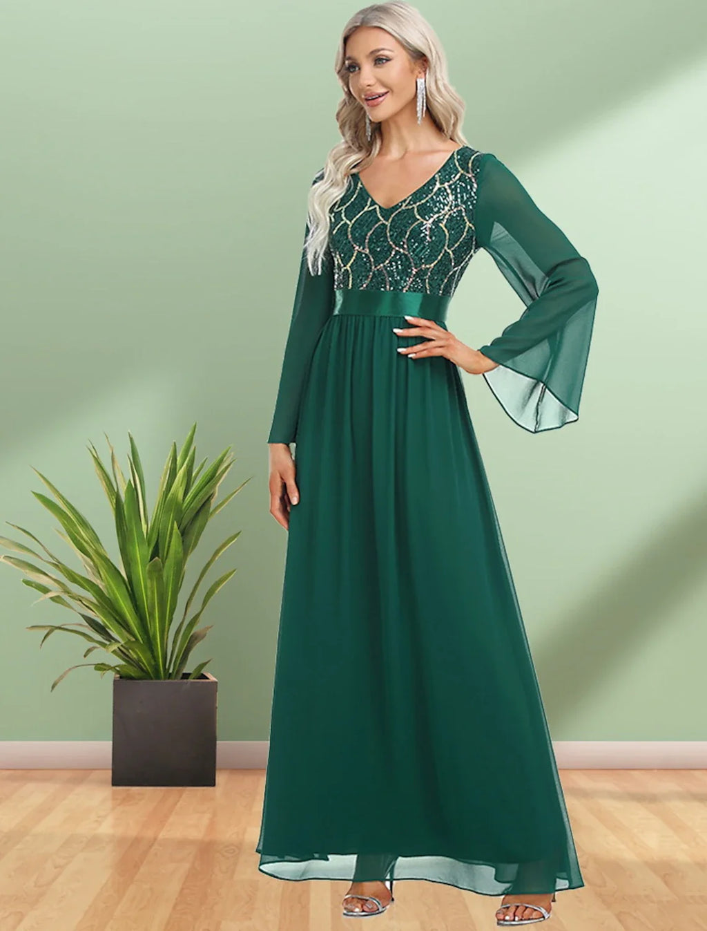 A-Line V-Neck Chiffon Long Sleeve Floor-Length Evening Gown - Chloe Dress