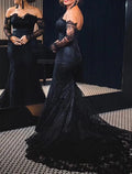 Mermaid Off-Shoulder Lace Long Sleeve Button Back Train Floor-Length Evening Gown - Chloe Dress