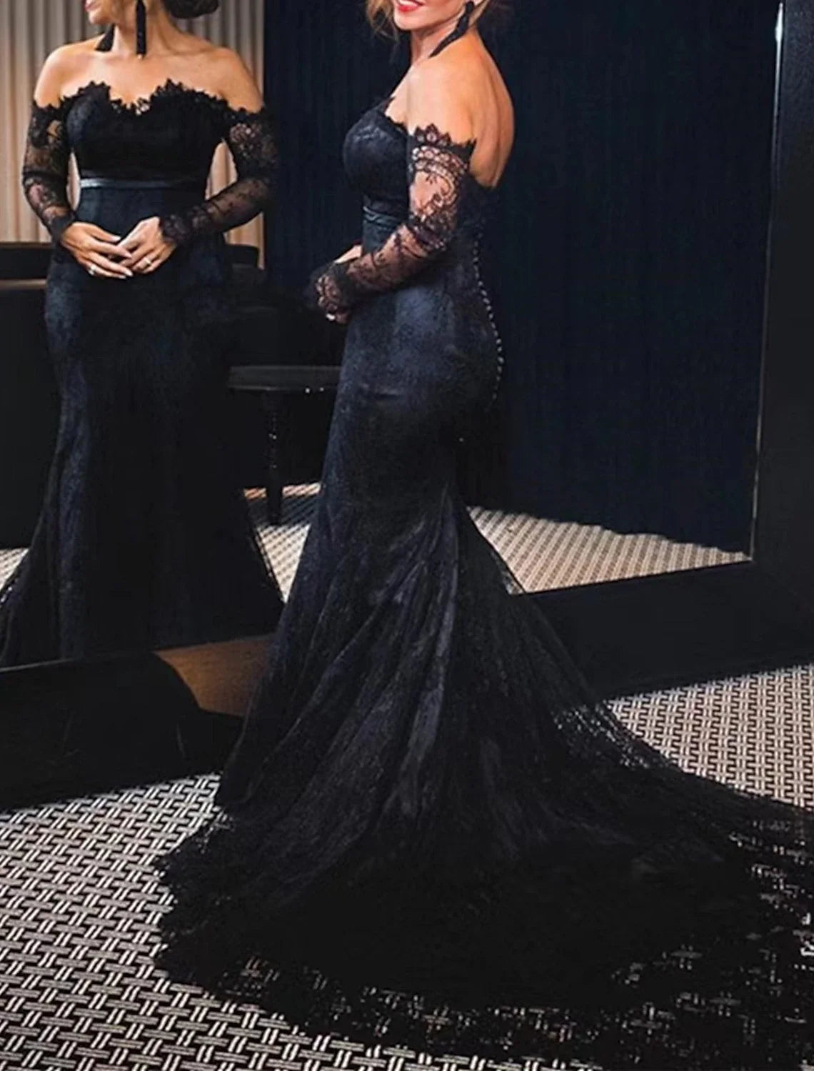 Mermaid Off-Shoulder Lace Long Sleeve Button Back Train Floor-Length Evening Gown - Chloe Dress