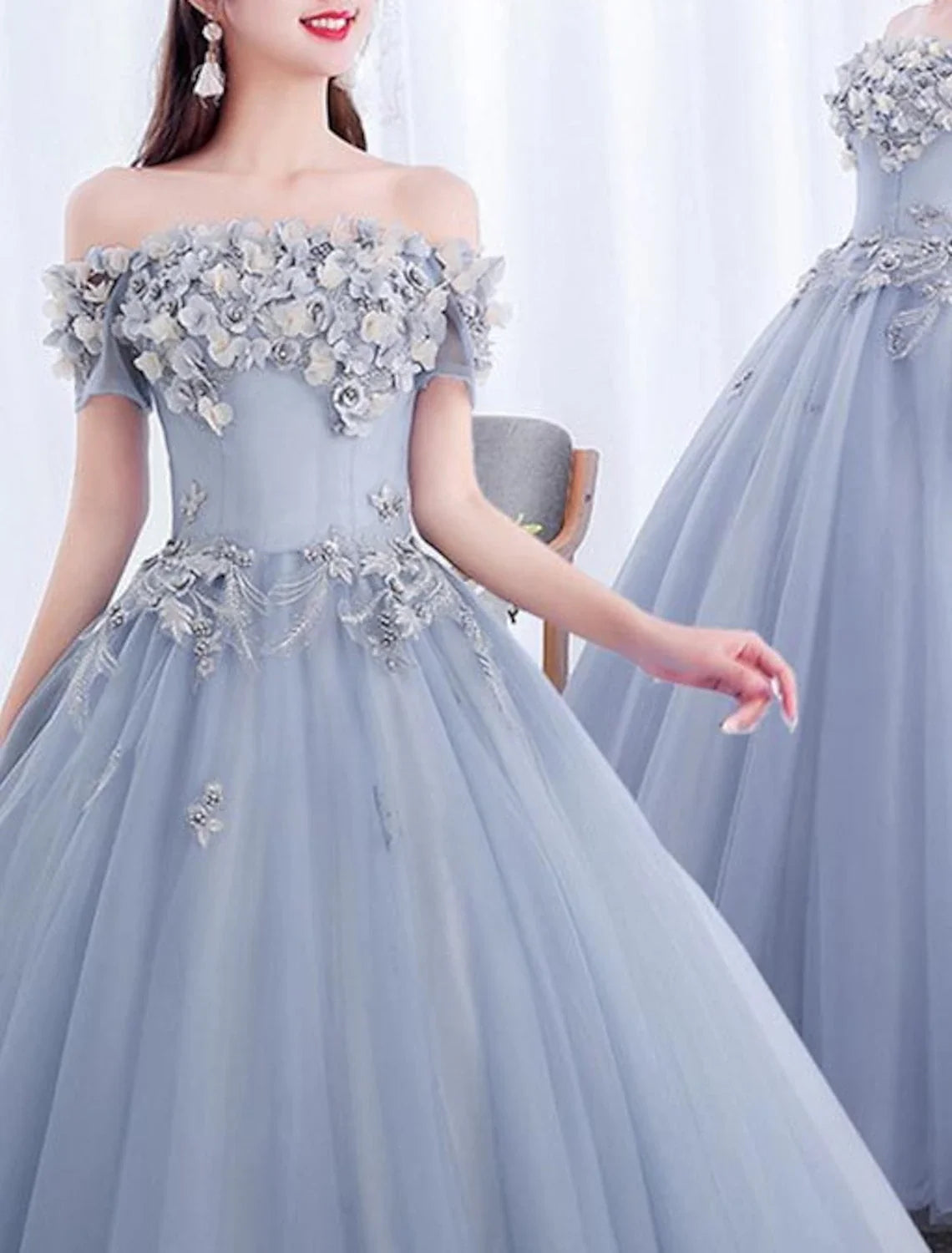 Ball Gown Off-Shoulder Polyester Short Sleeve Applique Floor-Length Prom Gown - Chloe Dress