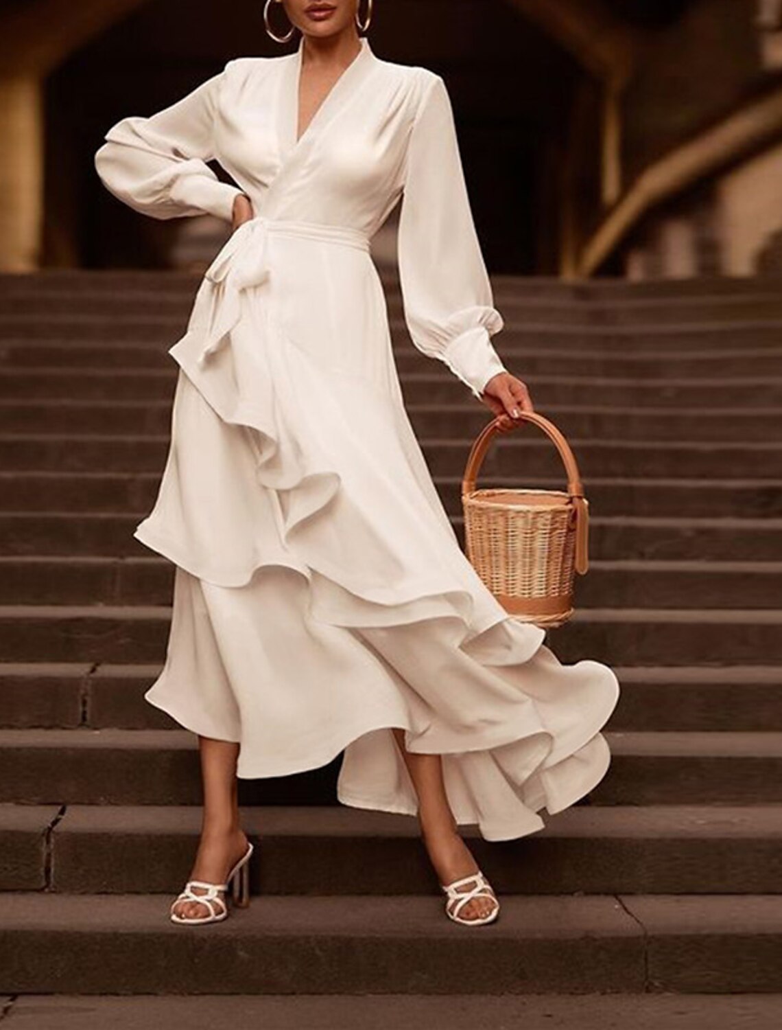 White A-Line V-Neck Chiffon Long Sleeve Ruffled Wedding Gown - Chloe Dress
