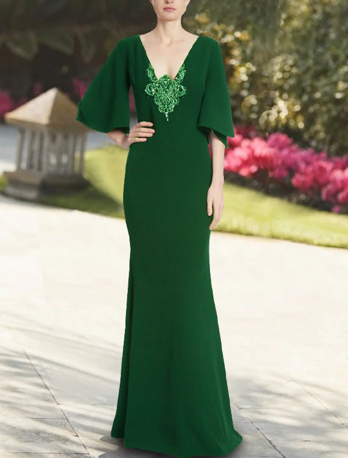 Mermaid V-Neck Chiffon Three-Quarter Sleeve Floor-Length Evening Gown - Chloe Dress