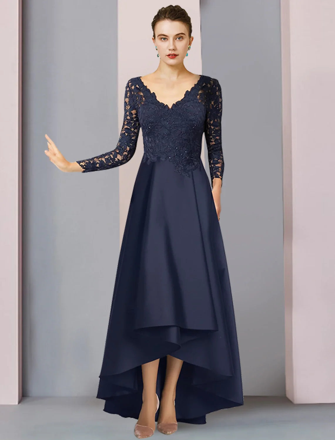 A-Line V-Neck Satin Long Sleeve Pleated Tea-Length Wedding Dress - Chloe Dress