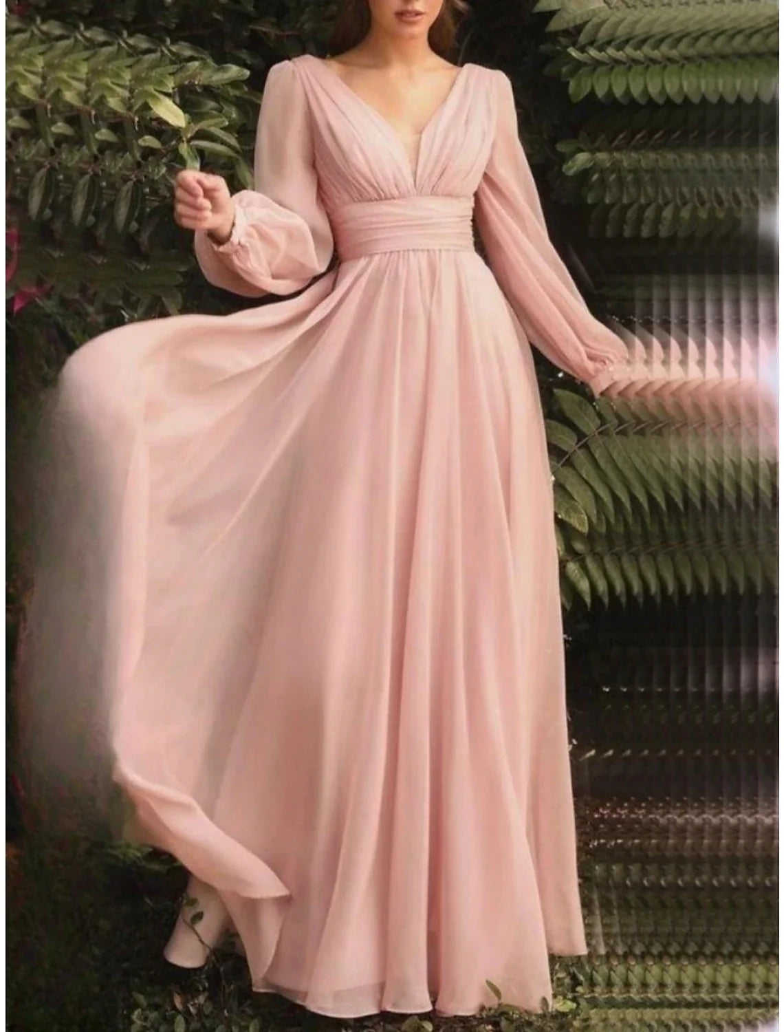 Sheath V-Neck Chiffon Long Sleeve High Slit Floor-Length Wedding Dress - Chloe Dress