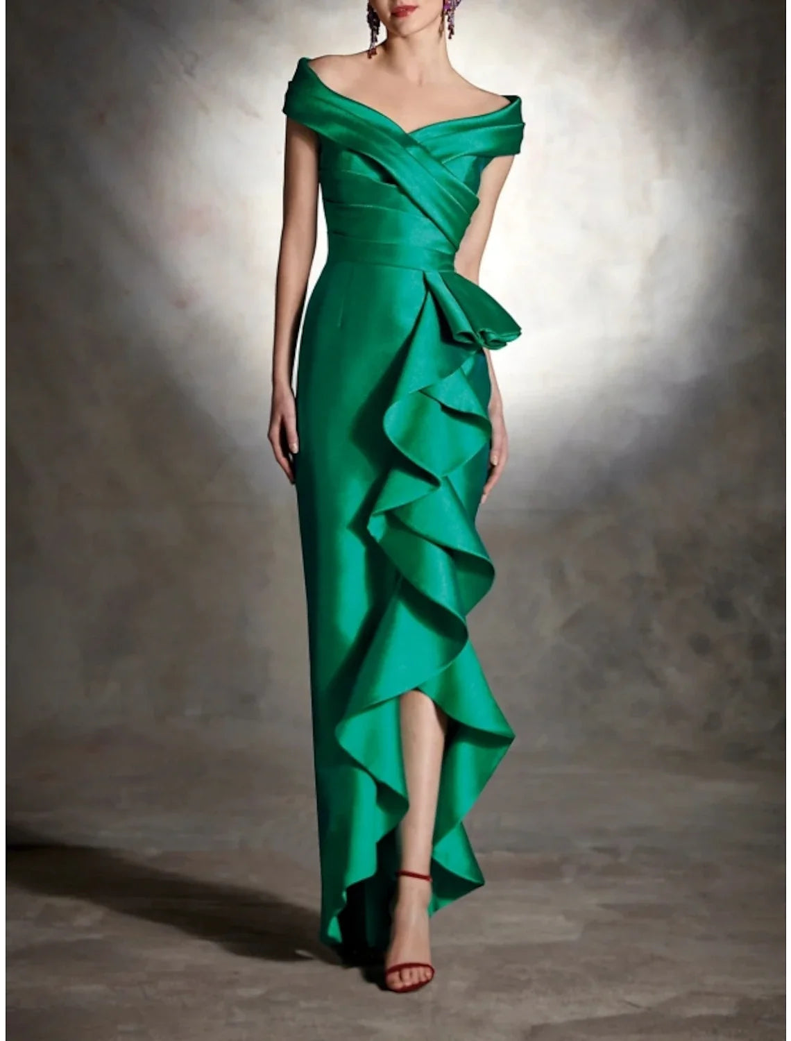 Green Sheath Off-Shoulder Satin Sleeveless Ruffled Wedding Dress - Chloe Dress