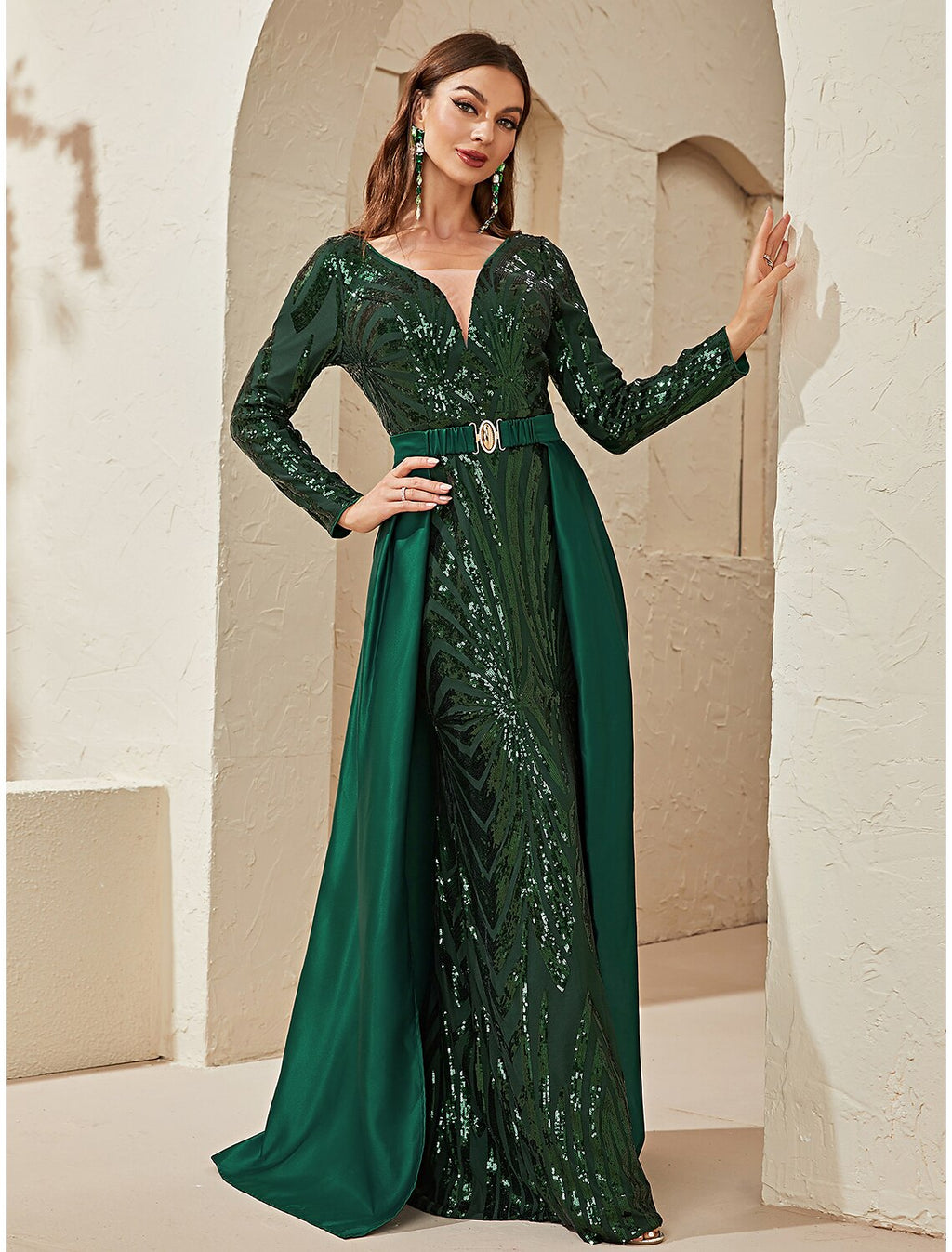 Mermaid V-Neck Sequin Long Sleeve Train Evening Gown - Chloe Dress