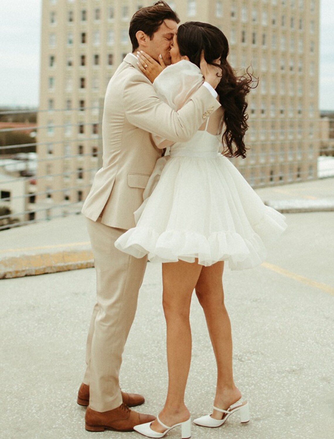 White A-Line High Neck Organza Long Sleeve Mini Wedding Gown - Chloe Dress